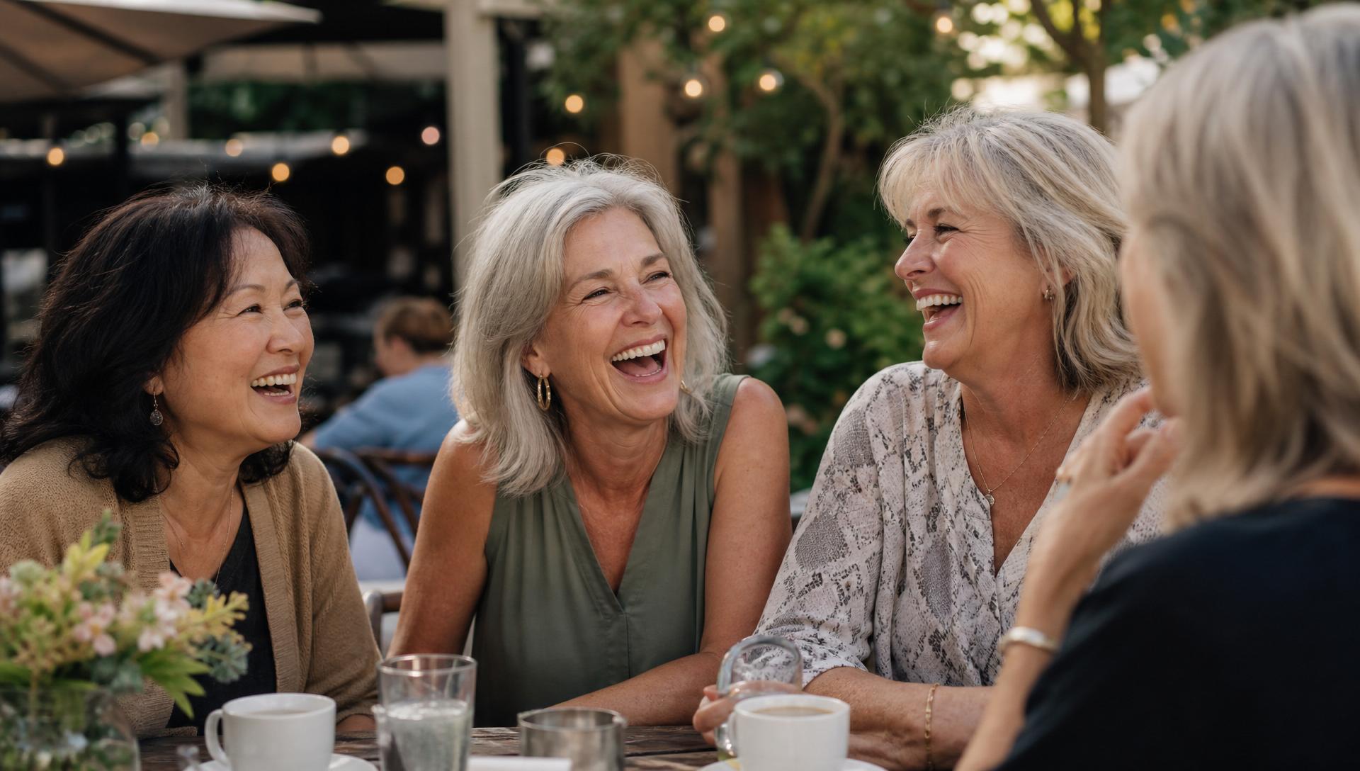 Group of women laughing together at an outdoor café