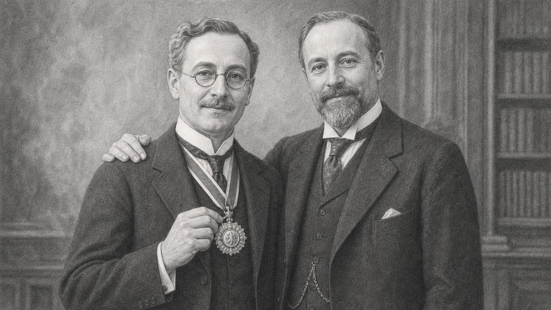 Vintage illustration of two scientists at a formal award ceremony